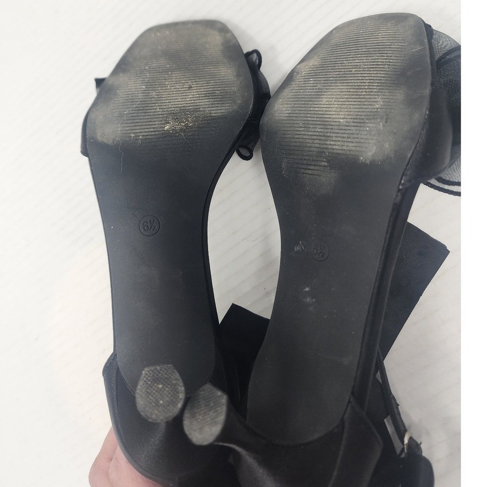 Black Satin Organza Bow Kitten Heels Ankle Tie Evening Sandals Square‎ Toe 6.5 - Picture 10 of 10
